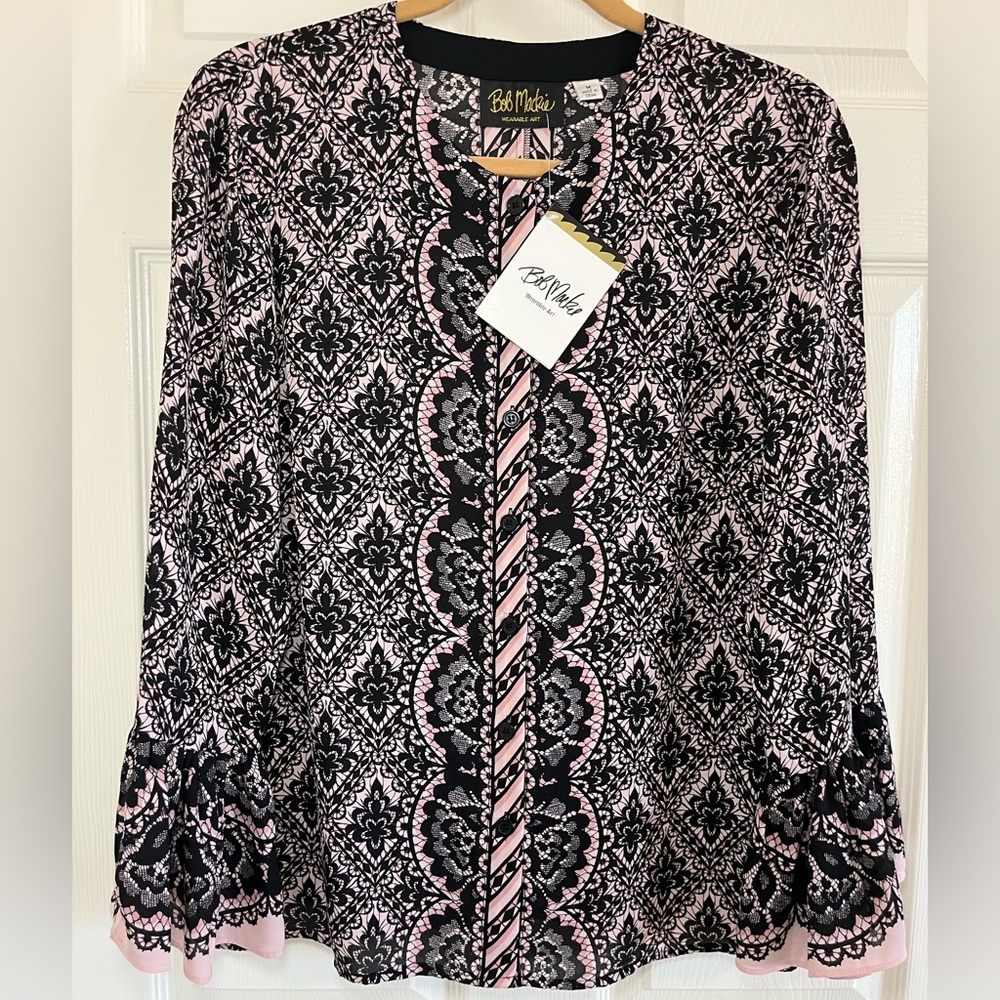 Bob Mackie Wearable Art Blouse Button Front Pink and Black NWT